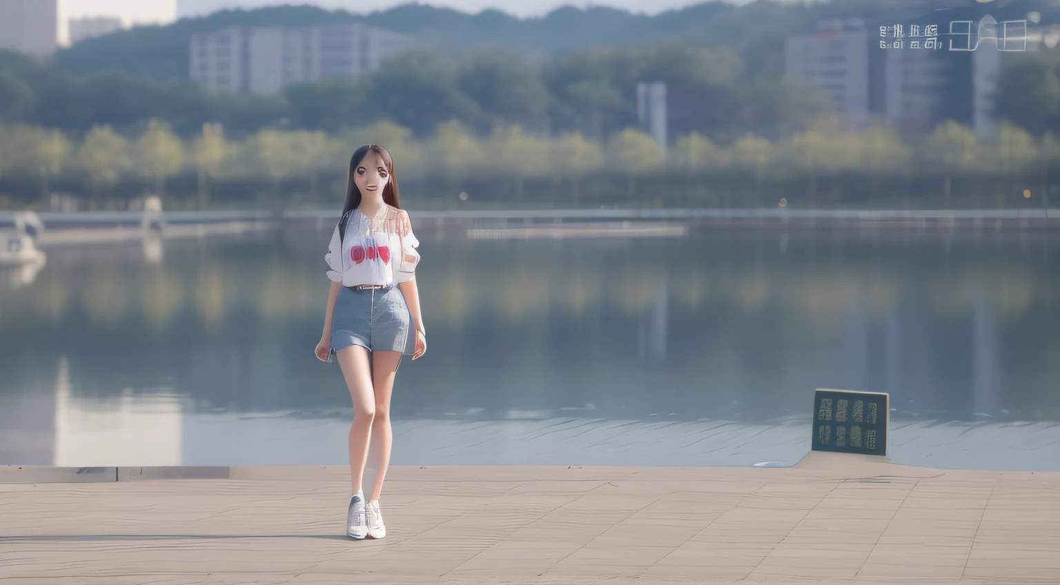 There was a woman standing on the sidewalk by the lake, trending on cgstation, cinematic shot ar 9:16 -n 6 -g, trending at cgstation, xintong chen, photo of slim girl model, dilraba dilmurat, 4k fashion shoot, Chinese girl, very beautiful slim legs, gorgeous chinese models, Fashion model