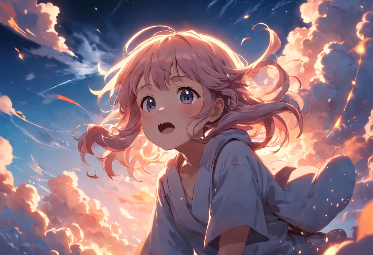 masterpiece, best quality, movie still, 1girl, cloud girl, floating in the sky, close-up, bright, happy, warm soft lighting, sunset, (sparks:0.7)