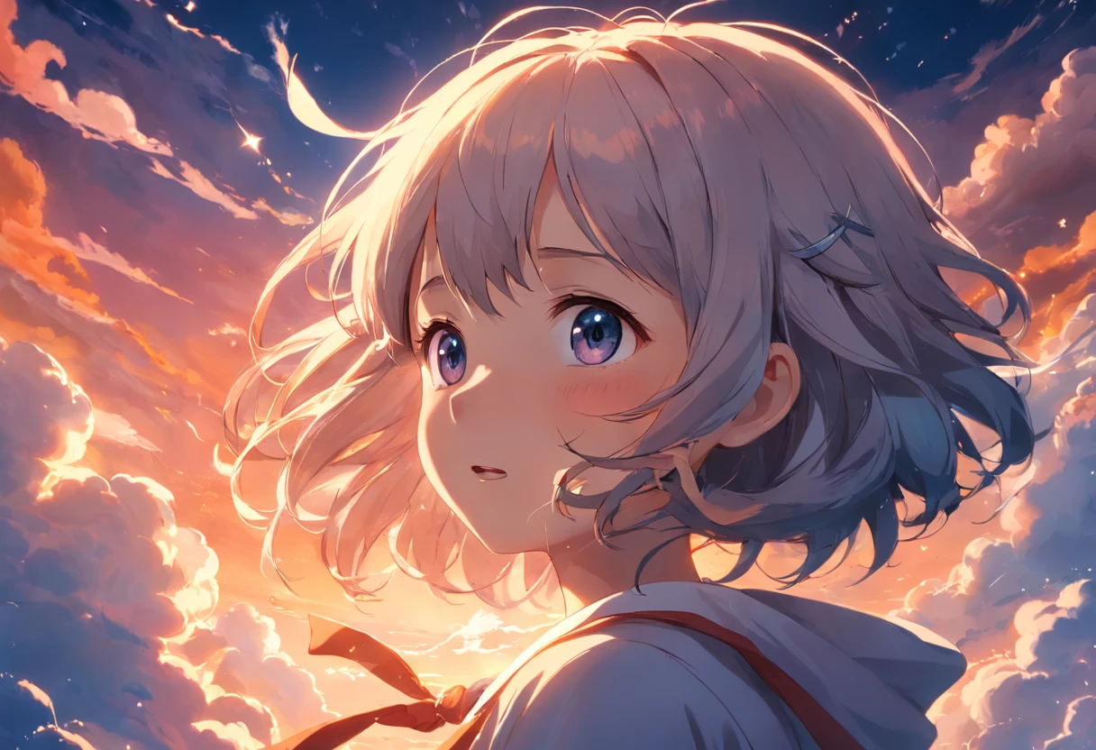 masterpiece, best quality, movie still, 1girl, cloud girl, floating in the sky, close-up, bright, happy, warm soft lighting, sunset, (sparks:0.7)