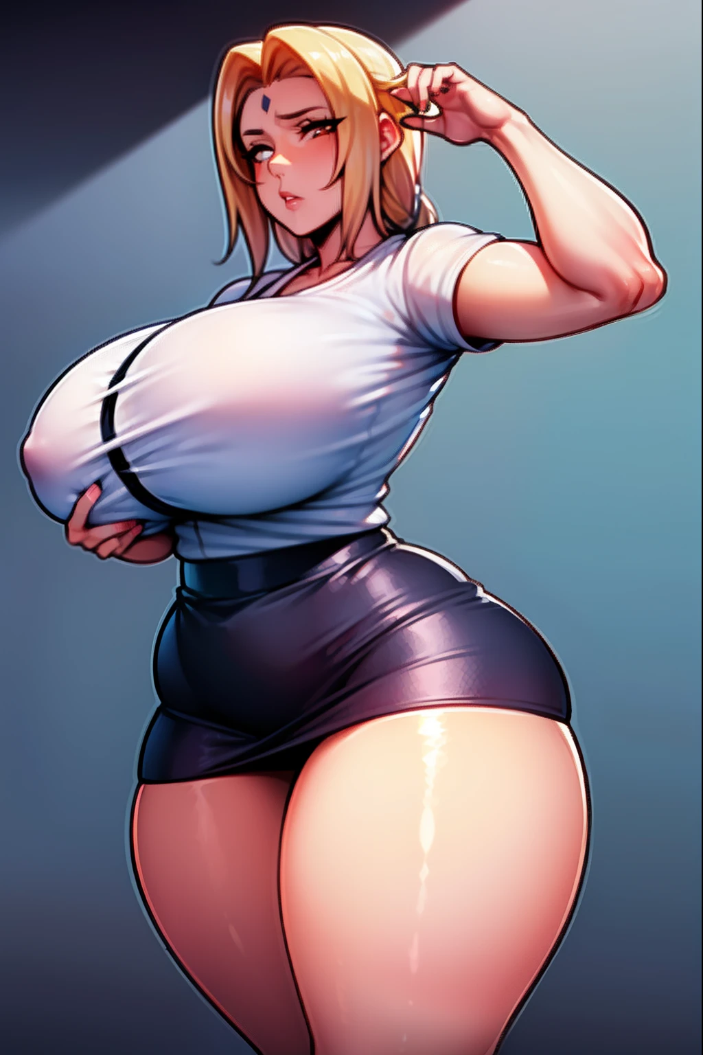 Office suit,white shirt,seethrough shirt,braless,black skirt,tight skirt,looking down at camera,tsunade(naruto),big breasts,big ass,thick thighs,blonde hairs ,masterpiece, 8k wallpaper