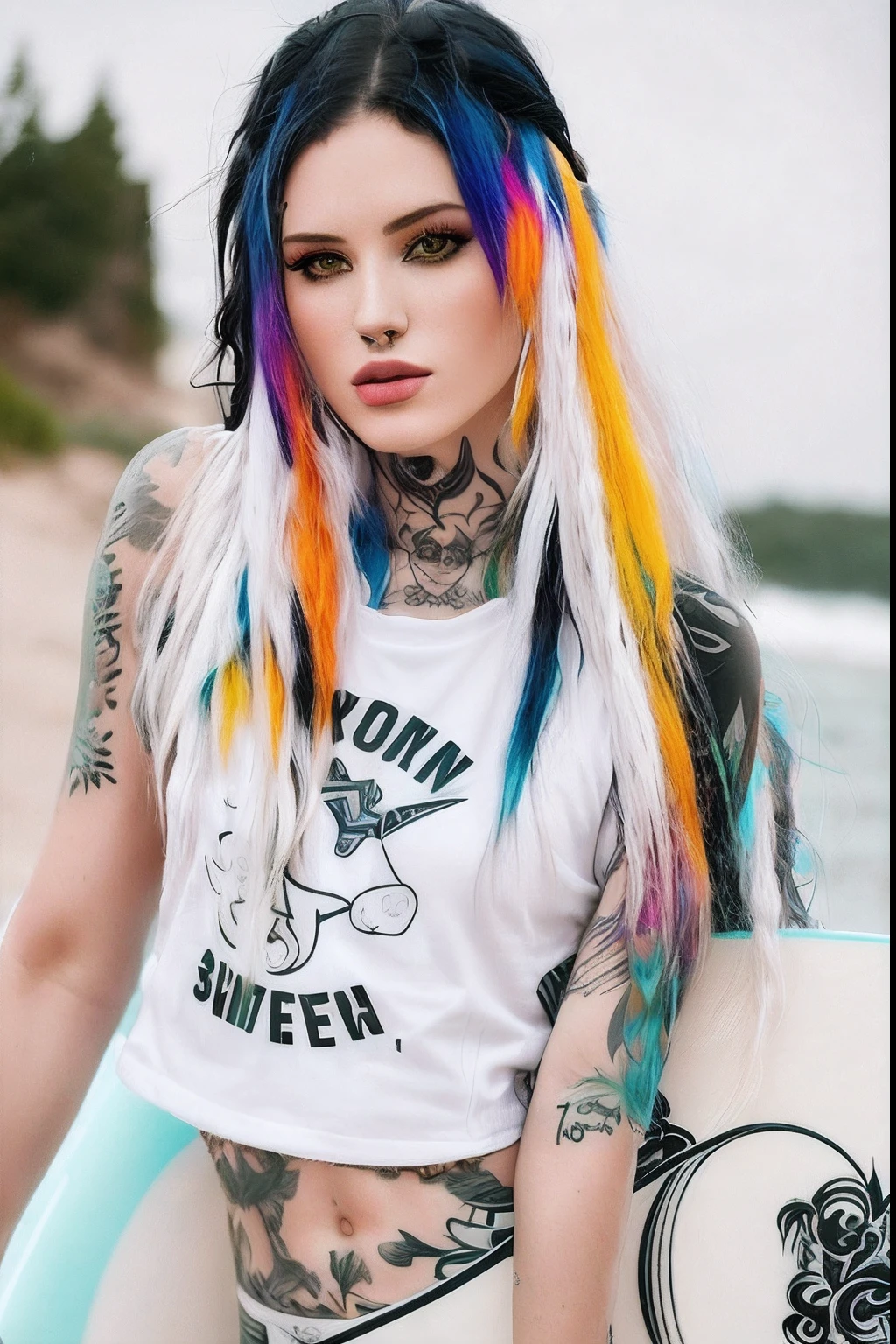 Colorful arafed woman with long hair holding a surfboard in a black and white photo, in black and white, with tattoos, anna nikonova aka newmilky, inked, olga buzova, aleksandra waliszewska, dasha taran, tattooed, back and white, yelena belova, black and white monochrome, blonde goddess