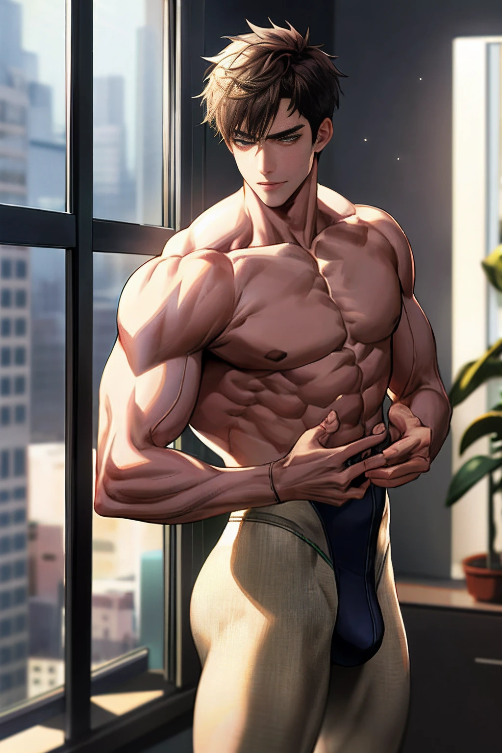 1boy,AS-Adult,Intimate bodysuit,Bare chest,Muscular,Muscle men,Tong,cool guy,Front lens,legs are open,Hold the bulge tightly with both hands,best qualtiy,Sexual suggestiveness,detail in face,massive bulge,office room,The building outside the window,Background of details,Diffused sunlight,depth of fields,Background bokeh,