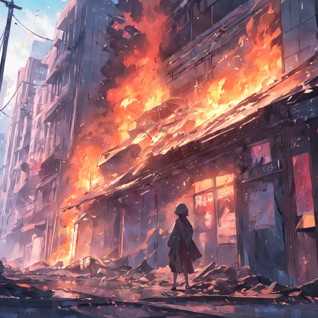 The building caught fire,collapse,废墟,No Man,Pure background