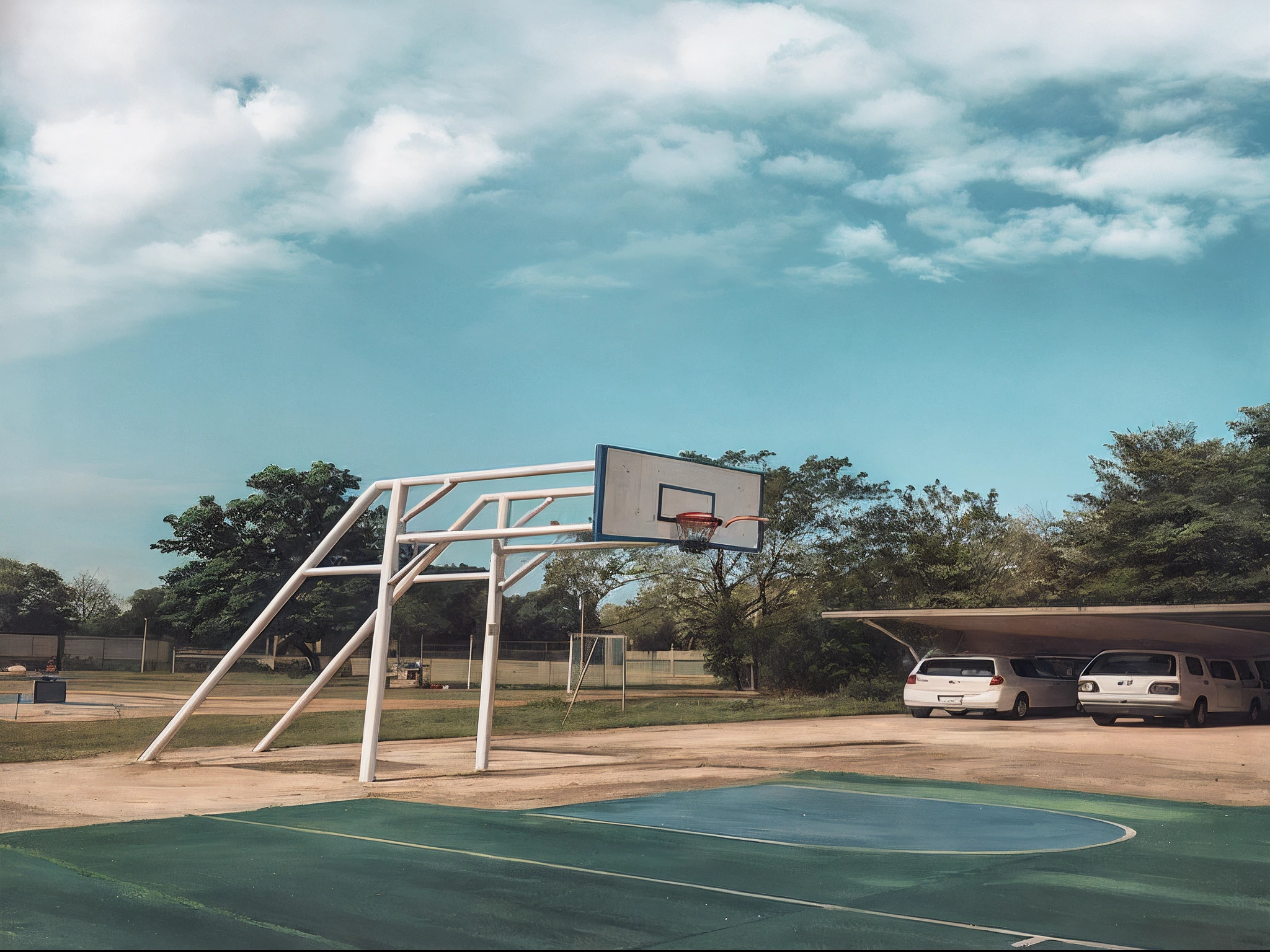 there is a basketball court with a basketball hoop in the middle of it, basketball court, basketball, uniform off - white sky, low angle wide shot, with a park in the back ground, volley court background, shot on sony a 7, shot on leica sl2, shot on iphone 1 3 pro max, sports setting, shot on sony a 7 iii