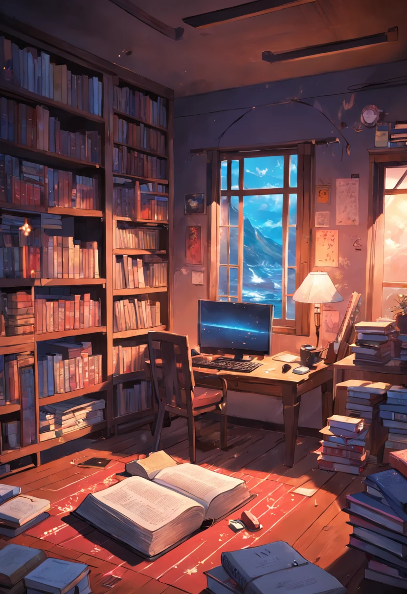 mesa com um computador com uma grande tela e uns livros do lado