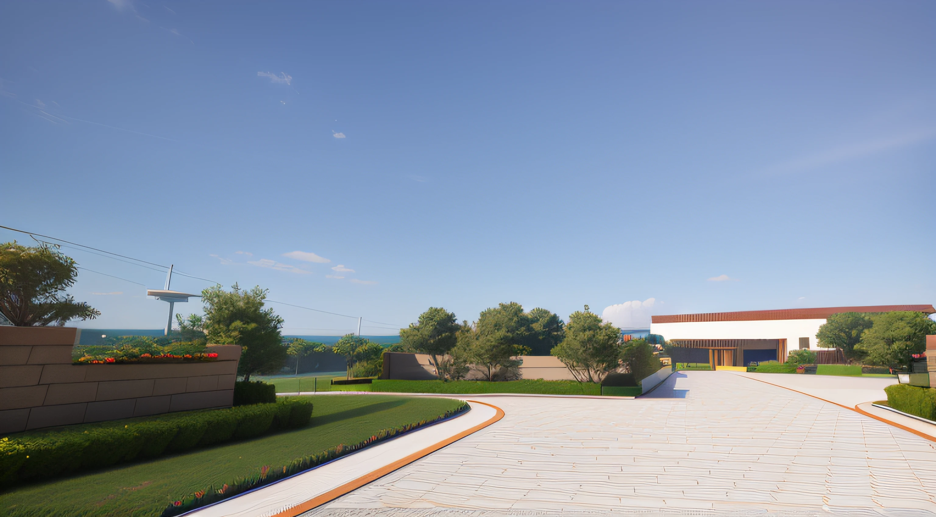 There is a walkway leading to a building with a white roof, highly photographic render, photographic render, landscape perspective, Rendered in Lumion Pro, Detailed rendering, lumion render, archviz, enscape render, highly detailed render, detailed render, fully detailed render, lumion rendering, photoreal render, professional render, a digital rendering, Photorealistic rendering,Two-dimensional sky,quadratic element,