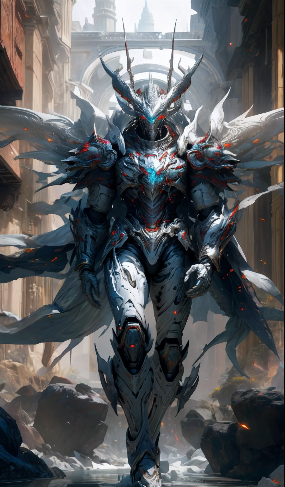 Silver-white God of War，True dragons（（tmasterpiece））， （best qualtiy））， 8k， high detal， ultra - detailed， the Extremely Detailed CG Unity 8K Wallpapers， 1 Mech Boy，（Solo exhibition：1.2）， {white bones|Silver refining|Ice crystals|Blood Demon|Phantom Dragon|thunder} armour，， sci-fy， karo， conflict， The movie is magnificent， （arma：1）， full armour， （Floating color{ventania|Water magic|ink|crystal|firey|icey|firey焰|salama|rete|Rochas|sand|Particle|spark of light|blood}：1.2）