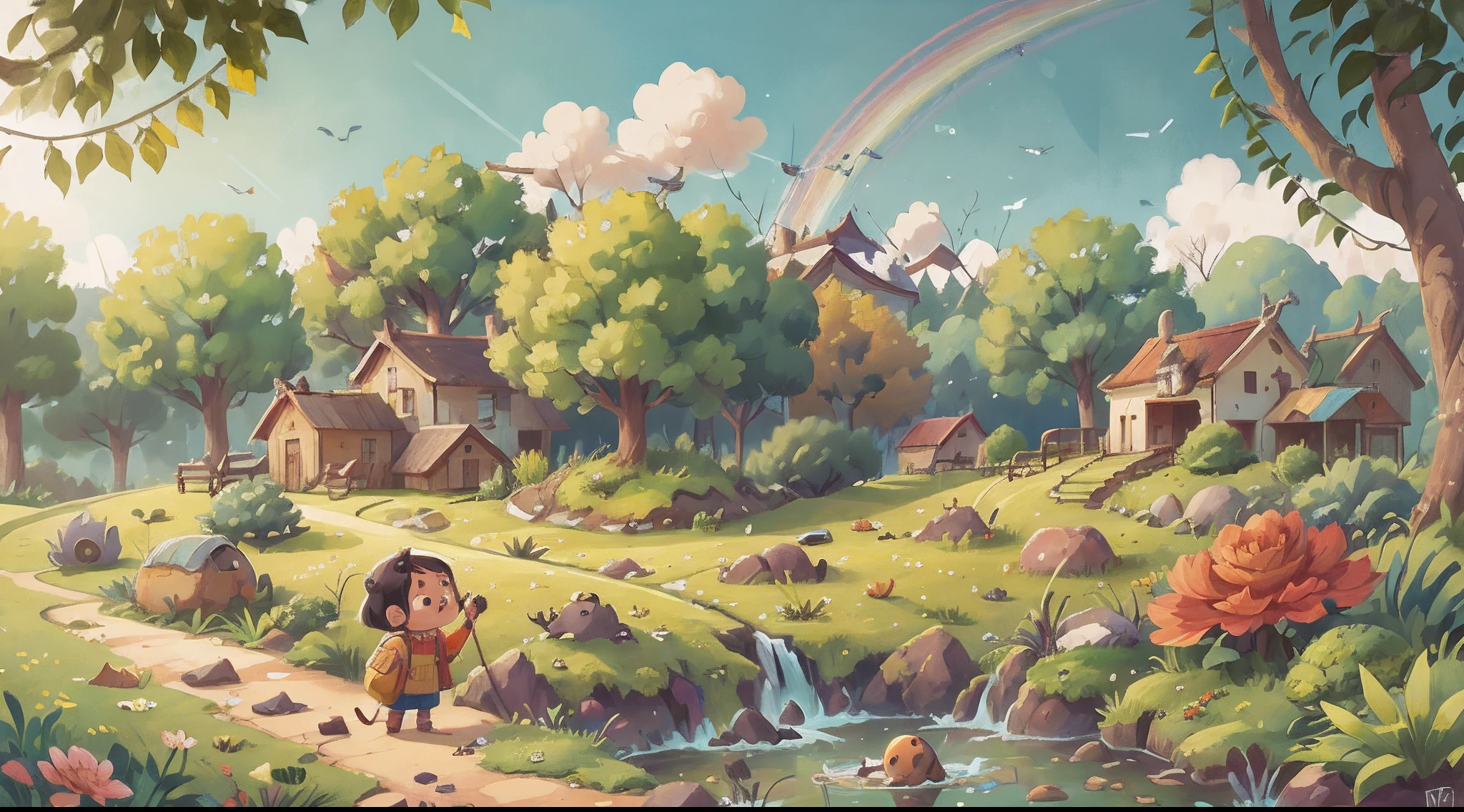 encantador, Rural Chinese Illustrations, cores brilhantes, vibrancy, calor, tranquilidade, heaven, colorido, garoa, Rainbow, nuvem, Agricultores, traditional clothing, Terra, ondas de trigo, riacho, Aquatic life, Peaceful village, tijolo vermelho, Telhas, Pitoresca, quente, vegetation, Salgueiros chorando, Roses, Videiras, templos antigos, telhas esmaltadas, queimador de incenso, Sinos, Terra studio, pintor, pinceladas suaves, paisagem rural, harmonia, Natureza, tradition, vida, maravilhoso, antigo, Fantastic.