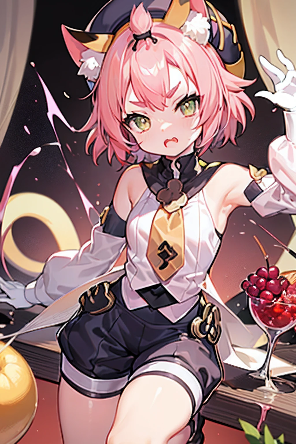  catgirl, short pink hair, yellow collar with a tie, white shirt with detached sleeves, black beret hat, black shorts, cat ears, angry looking, making a fancy cocktail with wine and berries and fruits, ((pouring wine into glass))