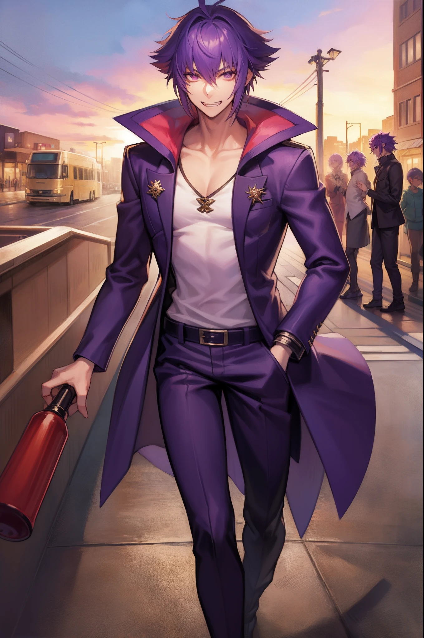 mirokujiyuuya, yanke, short hair, purple hair, ,, vest, pants, ,, pullover, coat, smug, standing, solo focus, full body, walking, city, one character,, 1boy, glass, mid muscular