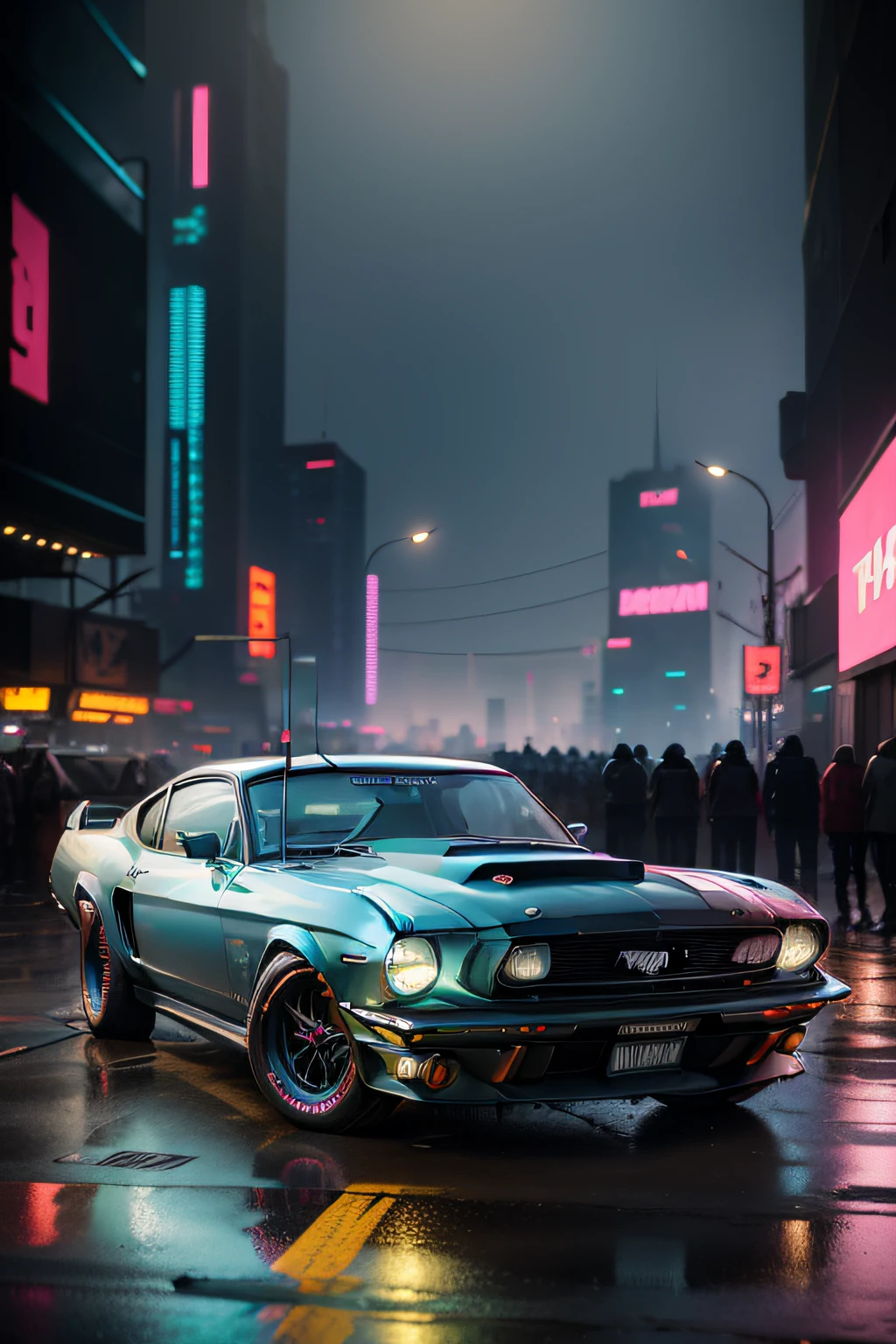 (((cyberpunk))), ((ultra realistic)), (hd quality) , ford mustang gt 1965 ,