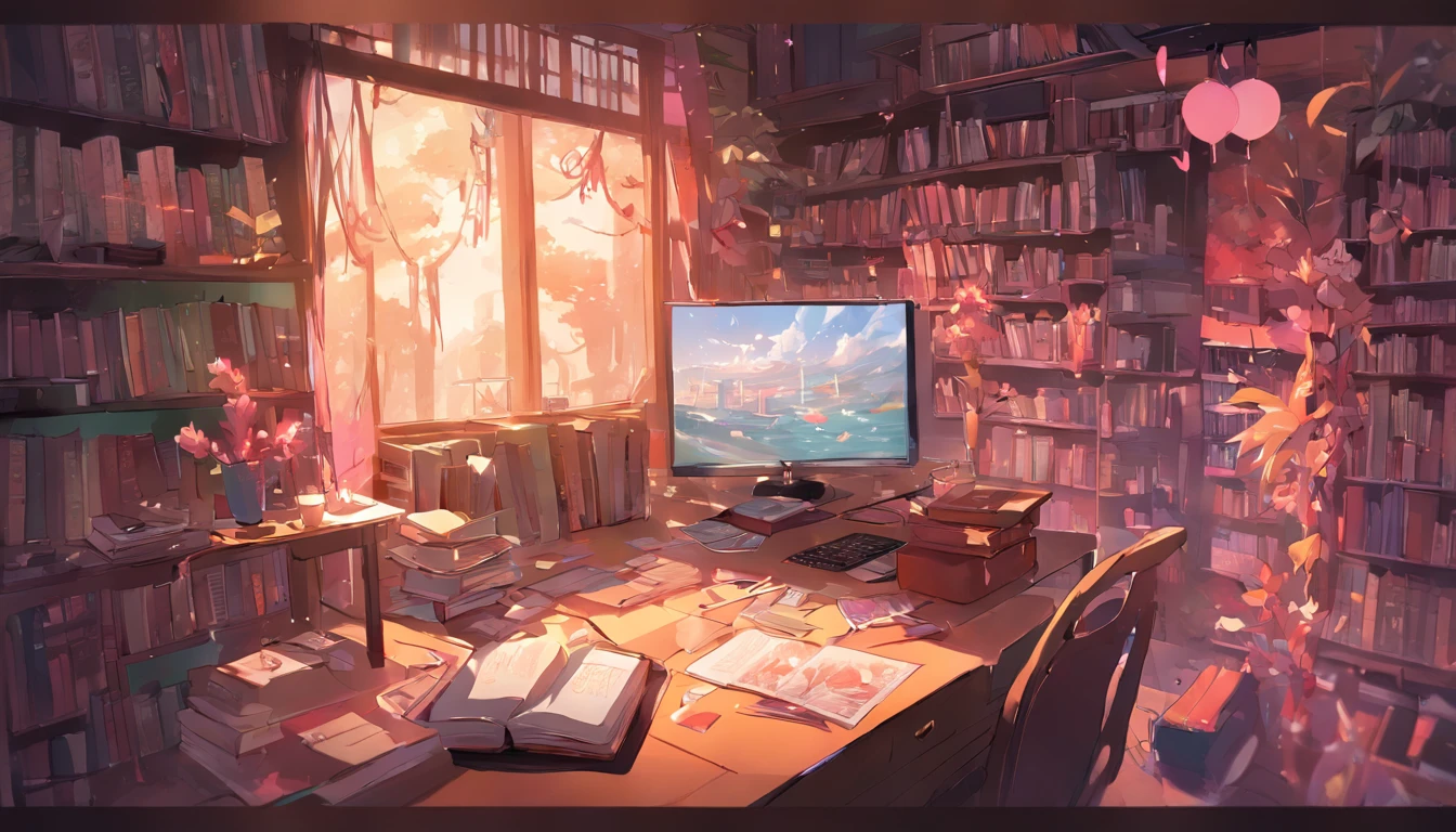mesa com um computador com uma grande tela e uns livros do lado