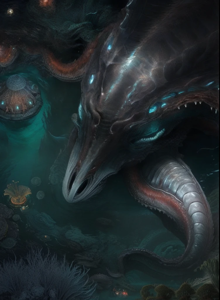 There is a huge creature in the water, detailed maw, the hydra from path of exile, underwater leviathan, lovecraftian sea creature, serpentine water monster, large mouth, detailed hot maw, zerg hydralisk, you looking into the maw, Alien octopus in a swamp, hd screenshot, detailed screenshot, maw art