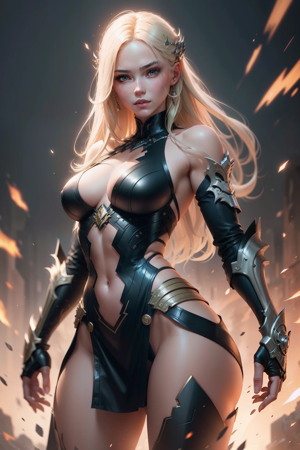Blonde woman, adult  woman,wooman ,Long haircut,feminine,  Fighting Pose, Nice perfect face with soft skin,nice perfect face with, Concept art by Greg Rutkowski, ArtGerm, Ultra-detailed, intricate and detailed art of trend in Art Station Triad Color, Fantastical, intricate detailes, Splash Screen, Complementary color scheme, realisticlying, 8K resolution, , heavy strokes,