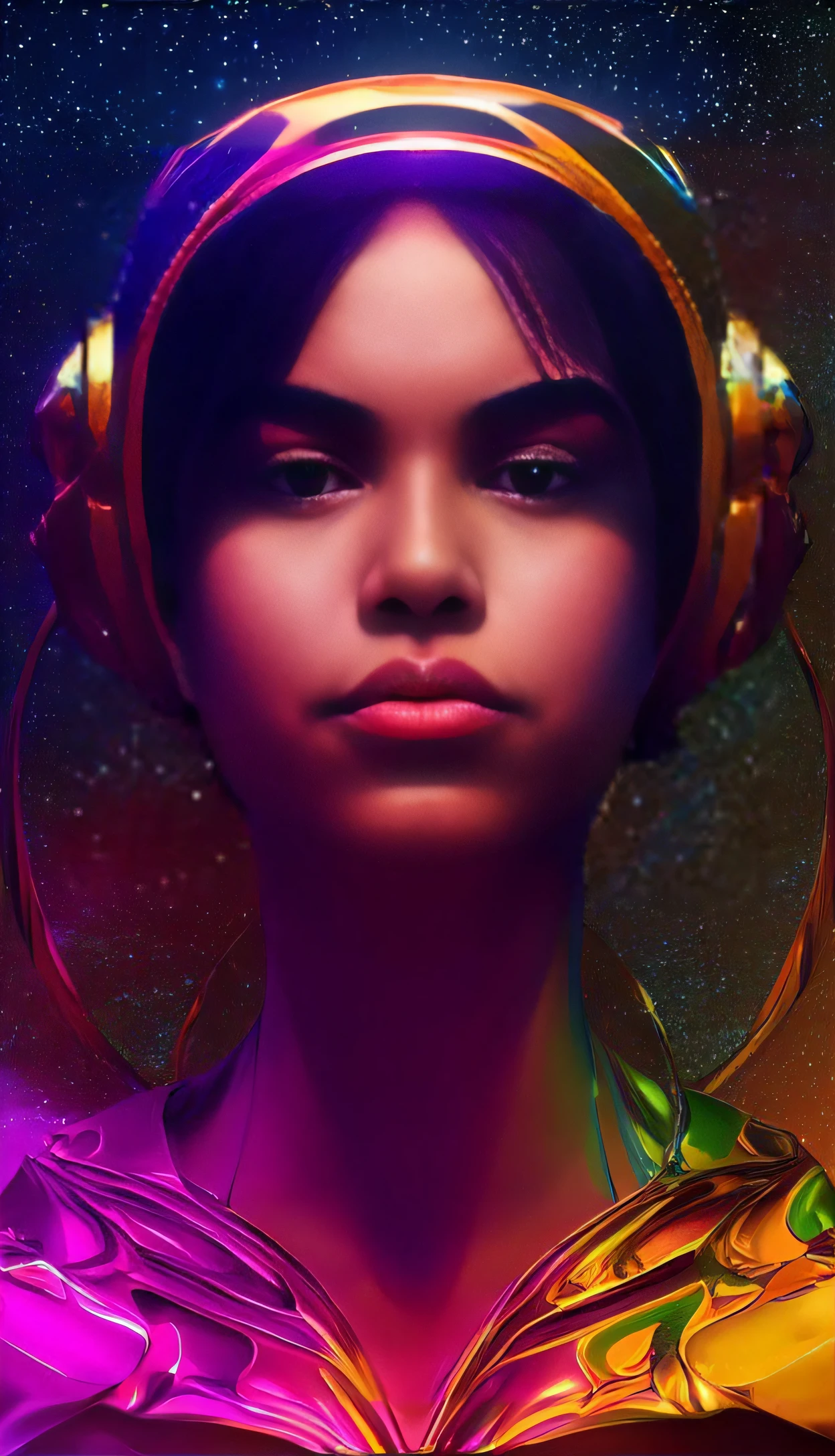 A closeup of a woman with headphones on in a space environment, style hybrid mix of beeple, Beeple e Jeremias Ketner, em estilo de bipe, retrato da menina de glowwave, Ross Tran 8 K, Alena Aenami e Android Jones, arte do bipe, Estilo Beeple, 8 0's estilo tomasz alen kopera