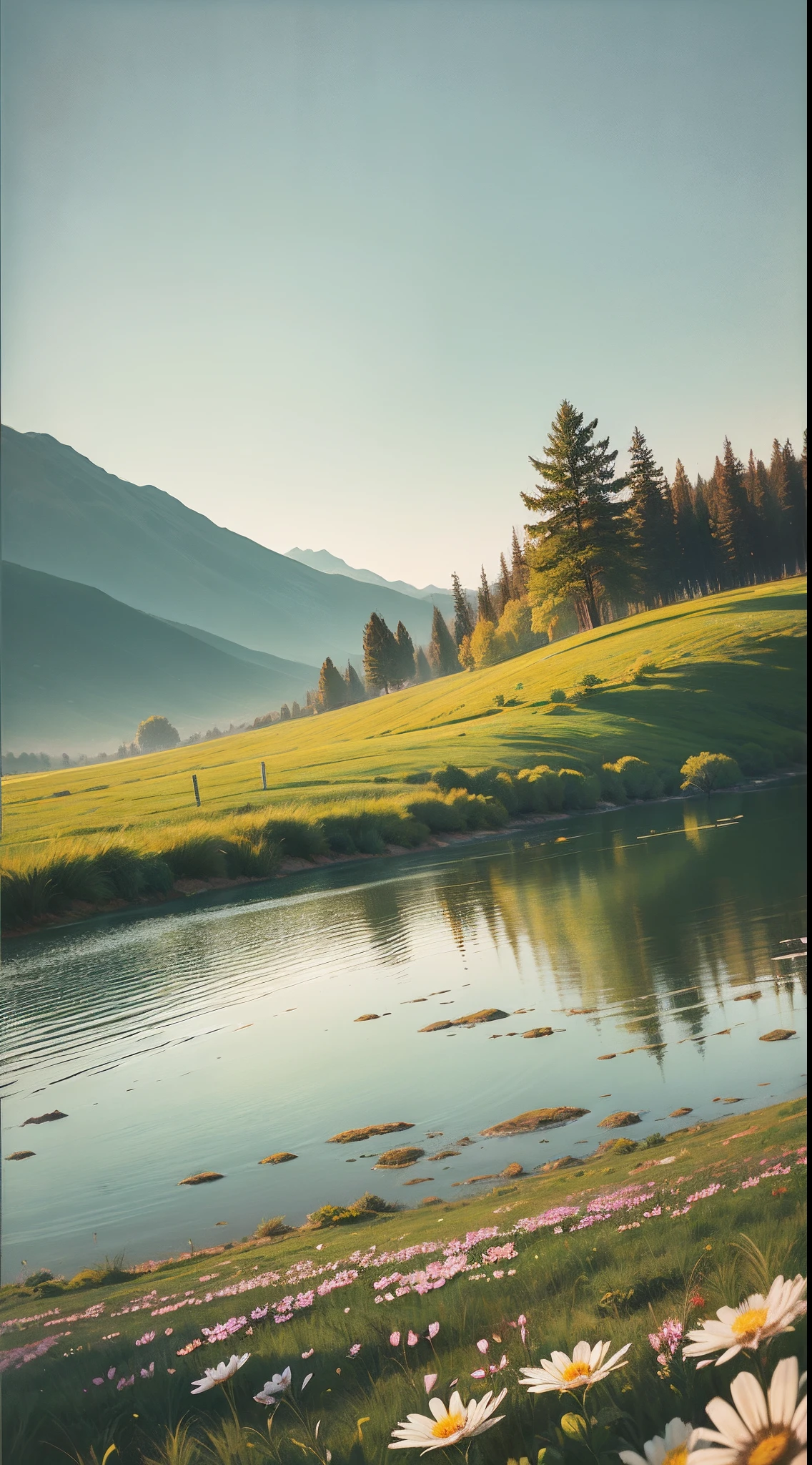 masterpiece, beautiful, elegant, spring landscape, flat, minimalist, 16:9 --auto --s2