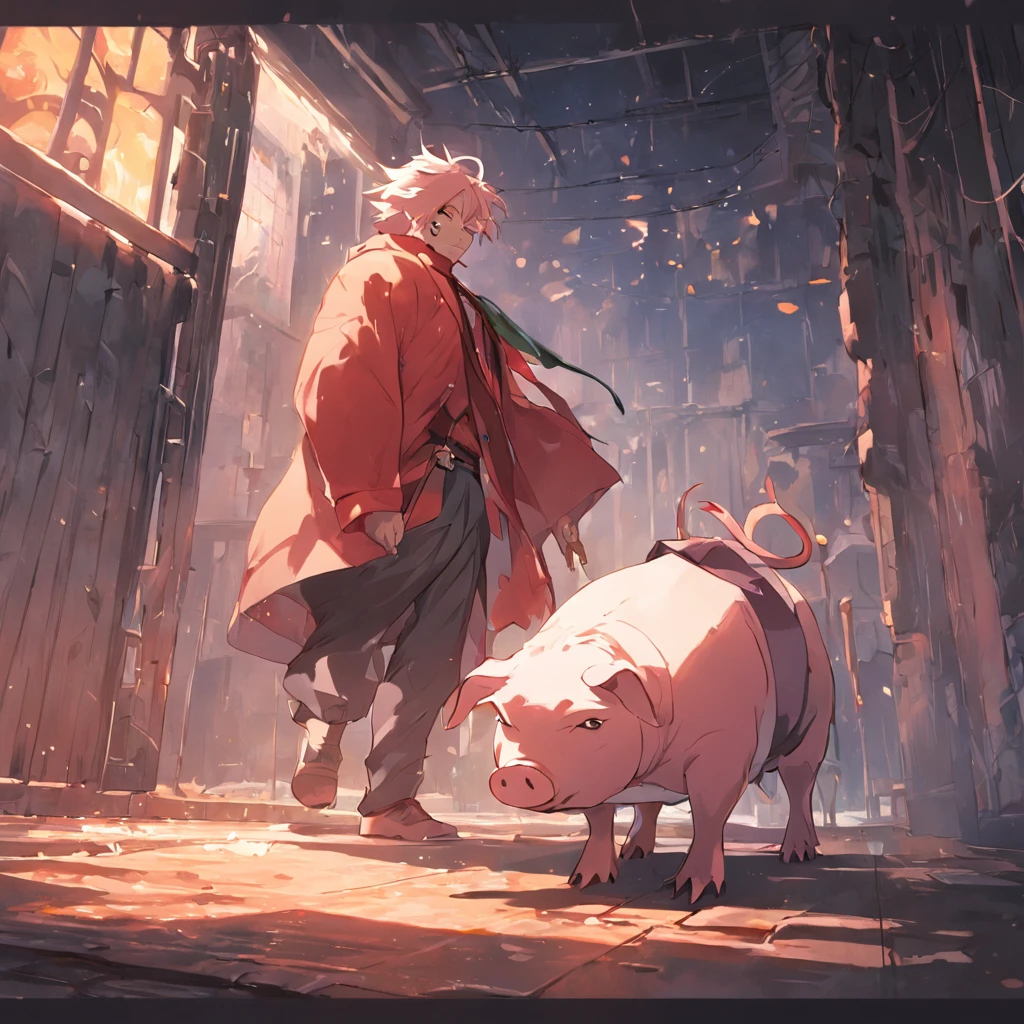 A man leads a pig，Walk through the door