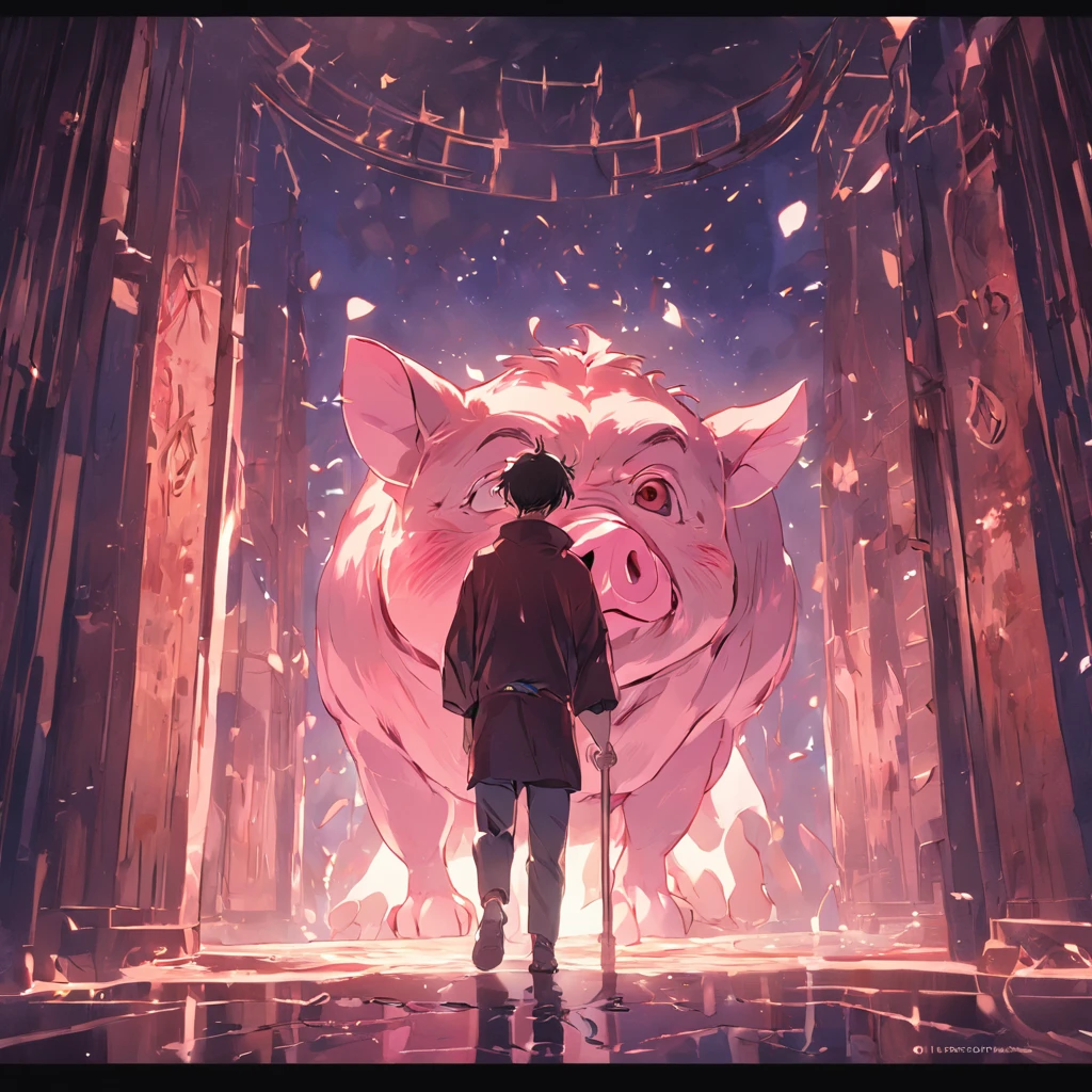 A man leads a pig，Walk through the door