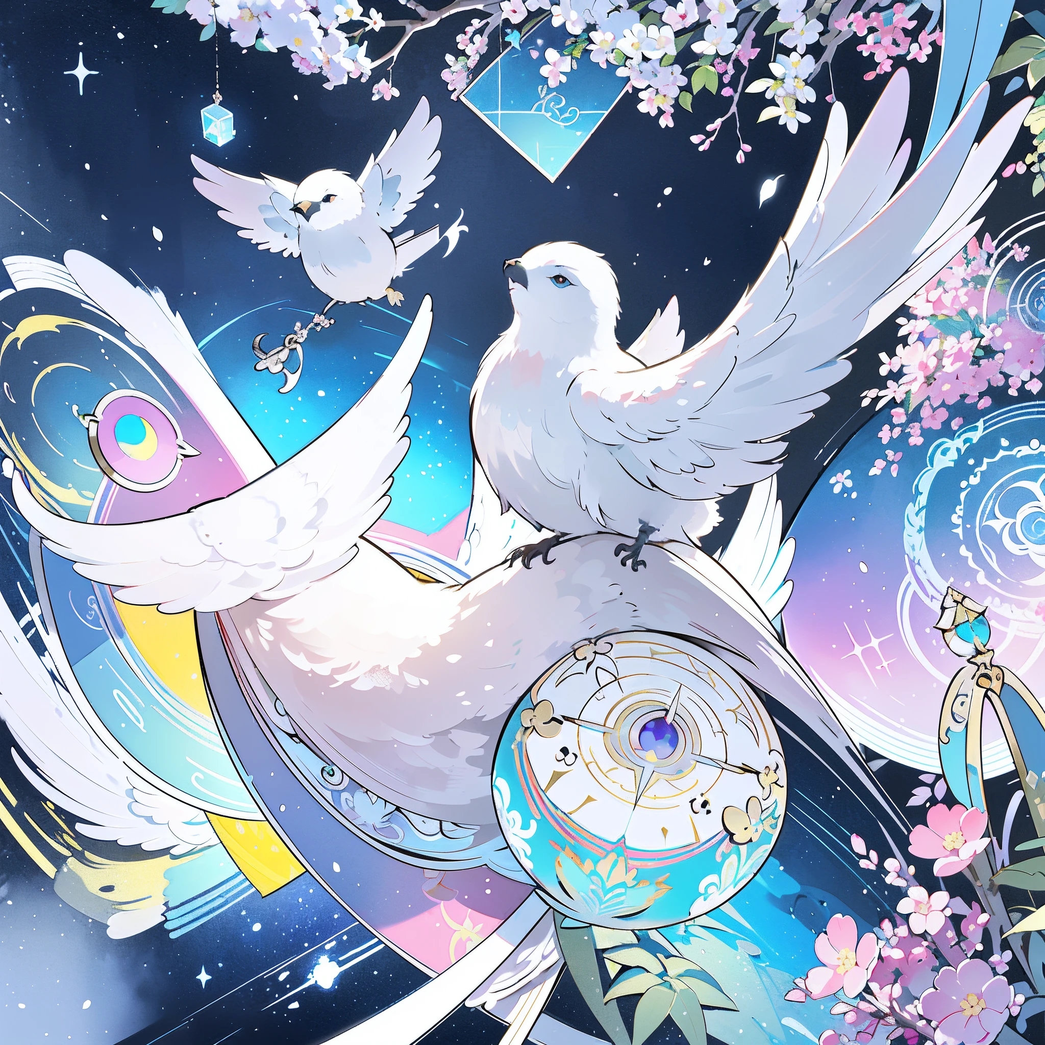 fairy tale style,adolable,A fluffy sparrow rests on a branch,Petite and cute animals,(colorful flower forest:1.3), (chaotic geometric images:1.3),(nagative space:0.8),(drawing board:1.3), (ether colorful ink flowing:1.3)