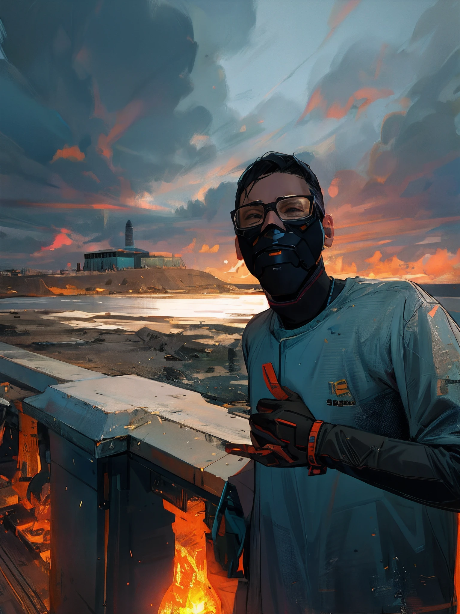 Man standing wearing tactical mask, Full HD realistic animation style
