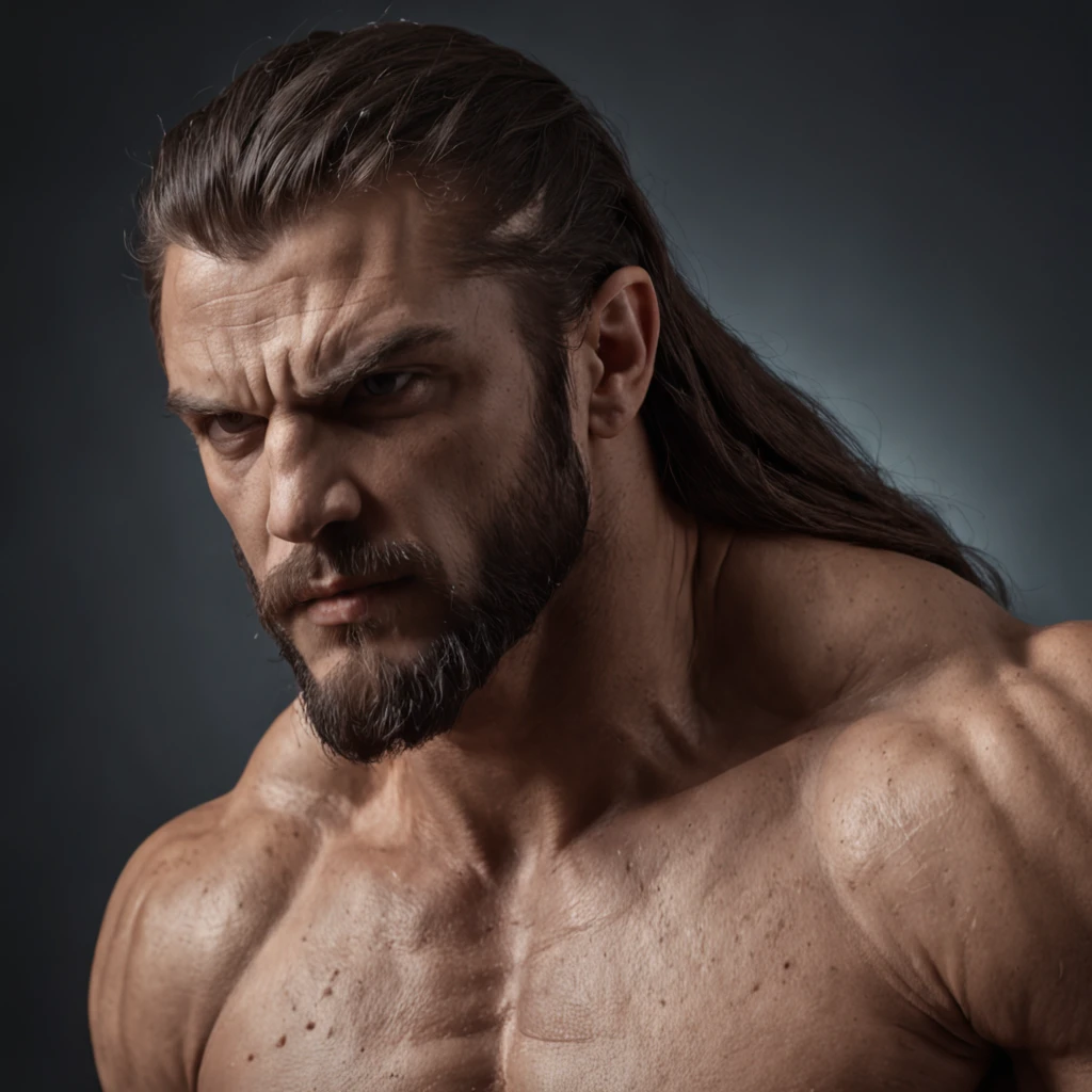 Man face with powerful look, muscles in profile, zeus style, realistic, cinematic, dark background.