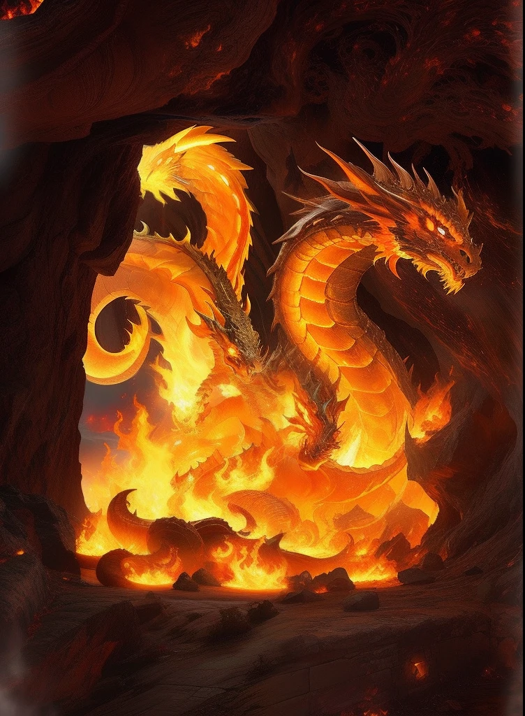 There is a fire dragon on fire underground, fire flaming dragon serpent, fire flaming serpent, Fire Dragon, fire demon, Hellfire background, fire powers fire swirling, molten, Dragons, highly detailed fire tendrils, theelementoffire, ''dragon breathing fire, detailed hot maw, firebreathing dragon, lava and fire goddess, lightning dragons attack
