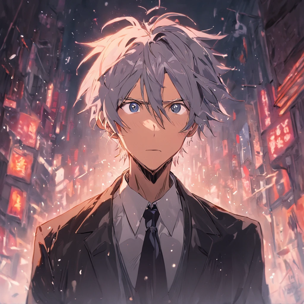 Middle-aged man in suit，50yearsold，Wrinkles on the face，hoary，whaite hair，tall and straight，Fierce，Very wide open mouth，astonishment，Exaggerated expressions，urban backdrop