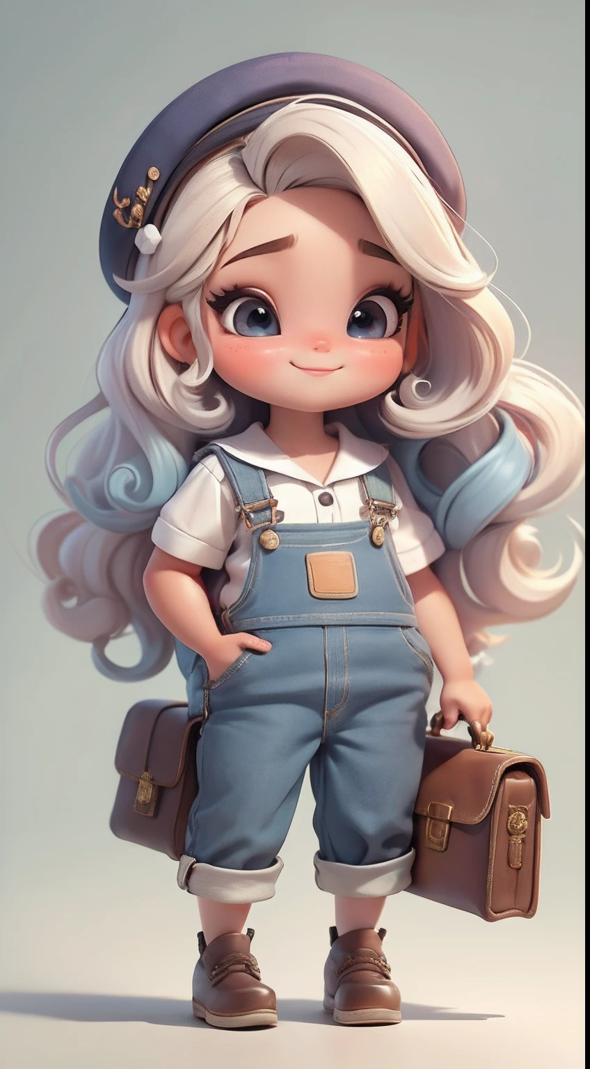 Create a series of cute cute baby chibi style dolls with a cute travel theme, each with lots of detail and in an 8K resolution. All dolls should follow the same solid background pattern and be complete in the image, mostrando o (corpo inteiro, incluindo as pernas: 1.5)

Boneca Mini viajante: Chame-a de Marina. Ela deve ter cabelo pequeno em tom multicolorido. Seus olhos devem ser grandes e expressivos, with long eyelashes and rosy cheeks. Sorriso delicado e branco. Marina must be dressed in overalls, sunglasses, uma camisa, Camiseta, trousers and an ornate sailor's hat. She must hold travel accessories. Certifique-se de adicionar detalhes nas roupas, such as buttons and pockets, sapato bonito

Certifique-se de adicionar sombras, texturas e detalhes nos cabelos, roupas, Travel utensils, to make them even more adorable and charming.