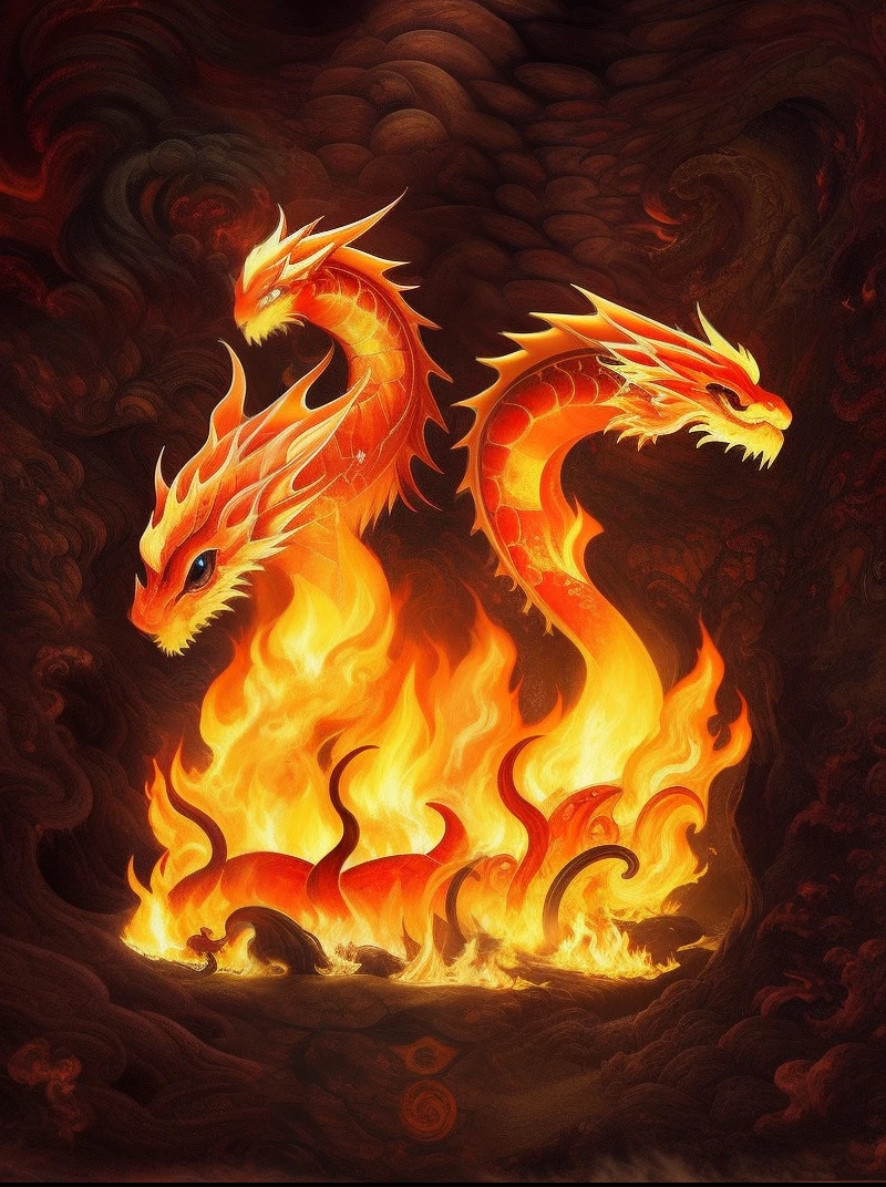 There is a fire dragon on fire underground, fire flaming dragon serpent, fire flaming serpent, Fire Dragon, fire demon, Hellfire background, fire powers fire swirling, molten, Dragons, highly detailed fire tendrils, theelementoffire, ''dragon breathing fire, detailed hot maw, firebreathing dragon, lava and fire goddess, lightning dragons attack