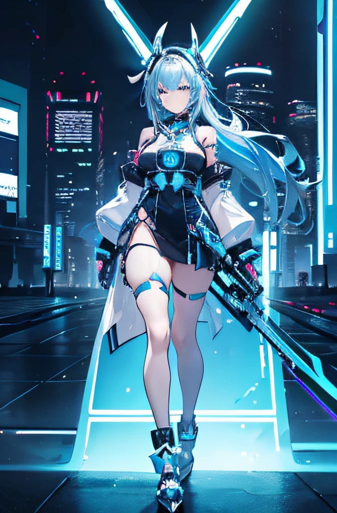 cyberpunk girl, very cute, blue and white hair, neon city, sharp hair, headpiece, full body, leg collars, ((absurdres, highres, detailed face, shiny skin, Lucious skin, masterpiece)), ray tracing