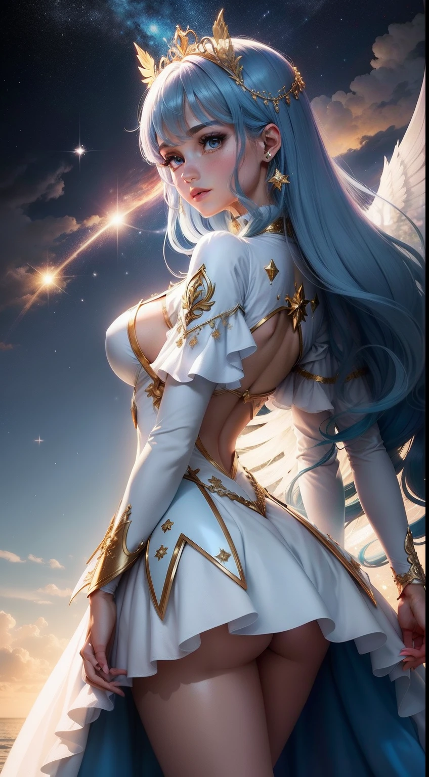 crie uma personagem feminina estilo mahou shoujo de anime dos anos 90 ela tem uma pele radiante, que brilha como se fosse feita de estrelas. Your hair is long and luminescent, com um tom de azul profundo, and your eyes have a bright color that changes according to your emotions. She wears an elegant costume that appears to be made of a heavenly substance, com tons de azul, prata e dourado, as well as ethereal wings that extend from its back.