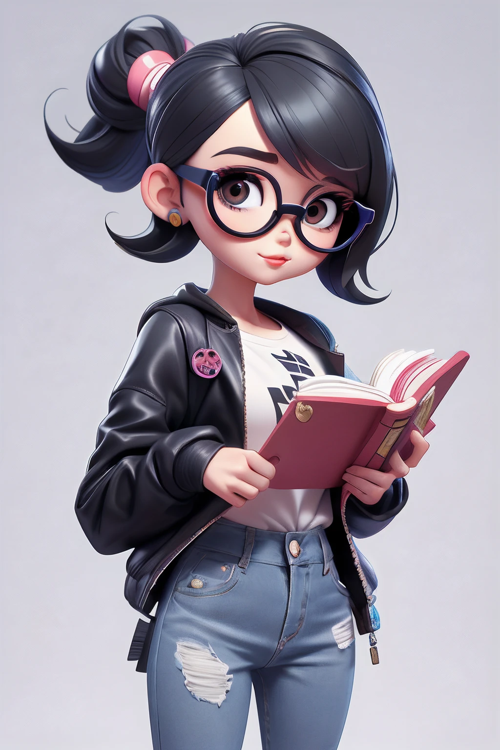 estilo chibi, jeans, cabelo preso por um coque , fofo, sorrir, Girl holding a book while wearing glasses, master part, Estilo 3dm, Olhe para o Visualizador,