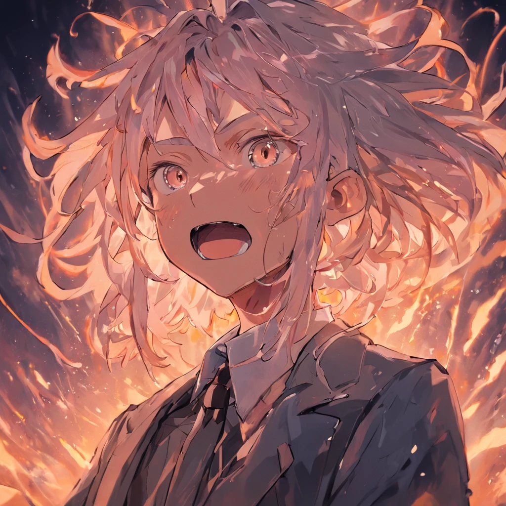 Middle-aged man in suit,50yearsold,Wrinkles on the face,hoary,whaite hair,tall and straight,Fierce,Very wide open mouth,astonishment,Exaggerated expressions,indoor background
