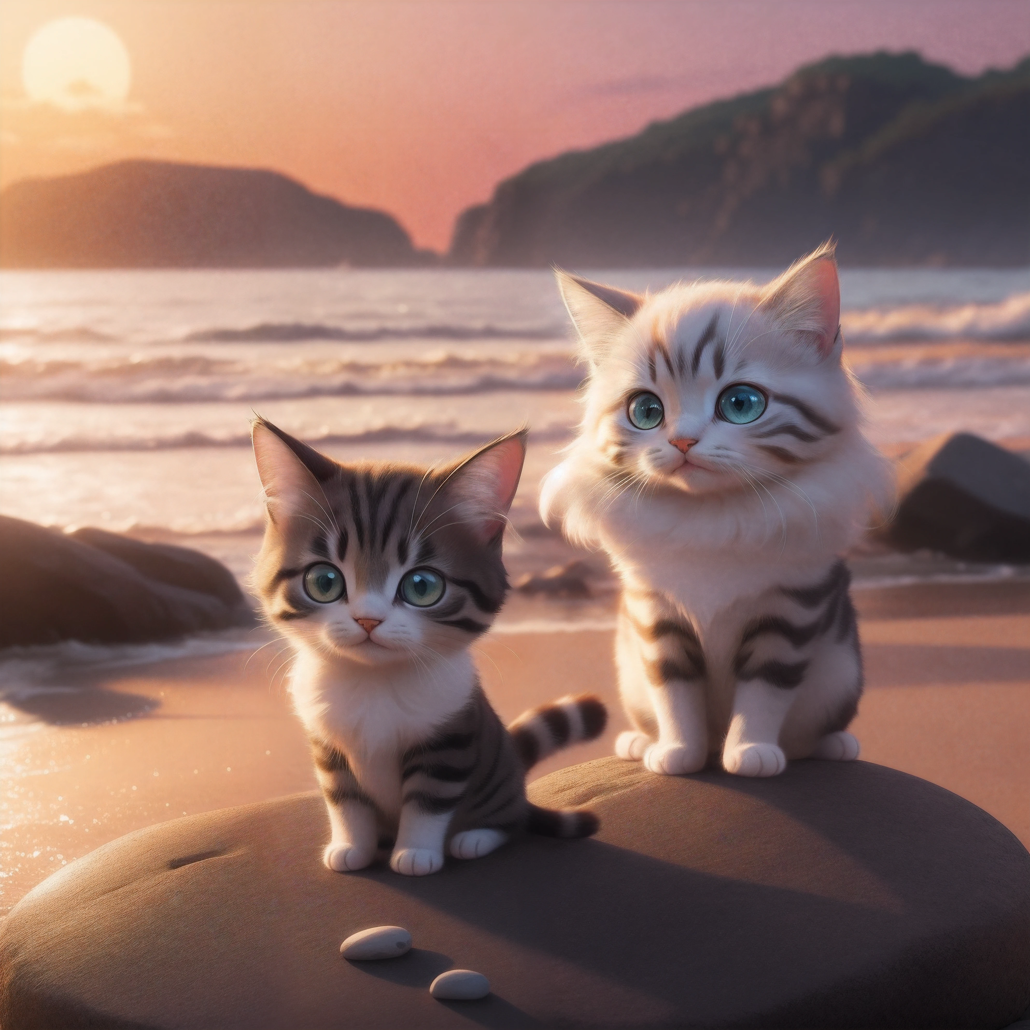 there is a small cat sitting on a rock on the beach, adorable digital painting, cute digital art, cute detailed digital art, cute cartoon character, the cutest creature in the world, cute 3 d render, cute creature, adorably cute, cute adorable, cartoon cat, in the sunset hd