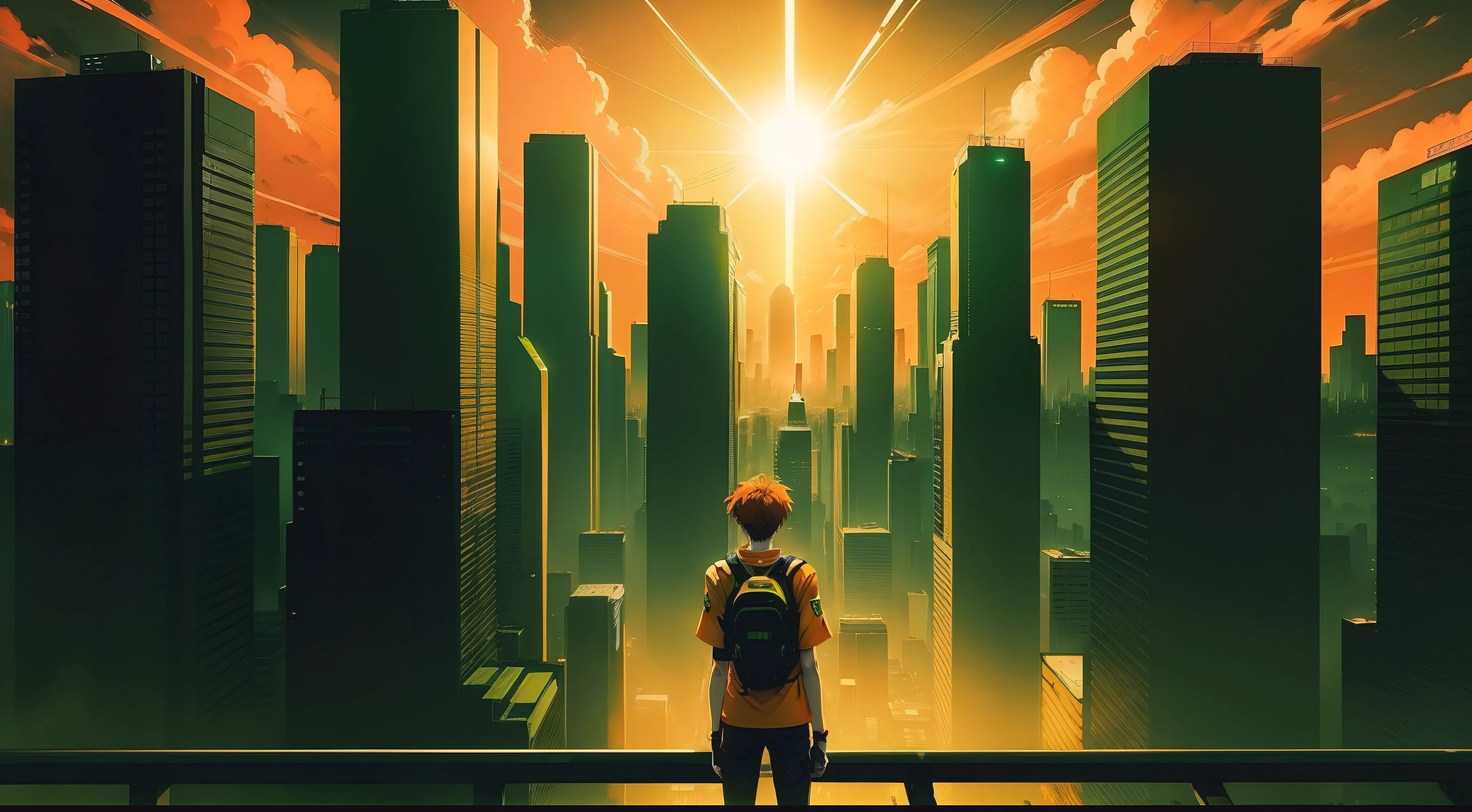 wallpaper with green, orange and yellow colors, evangelion style, city, night