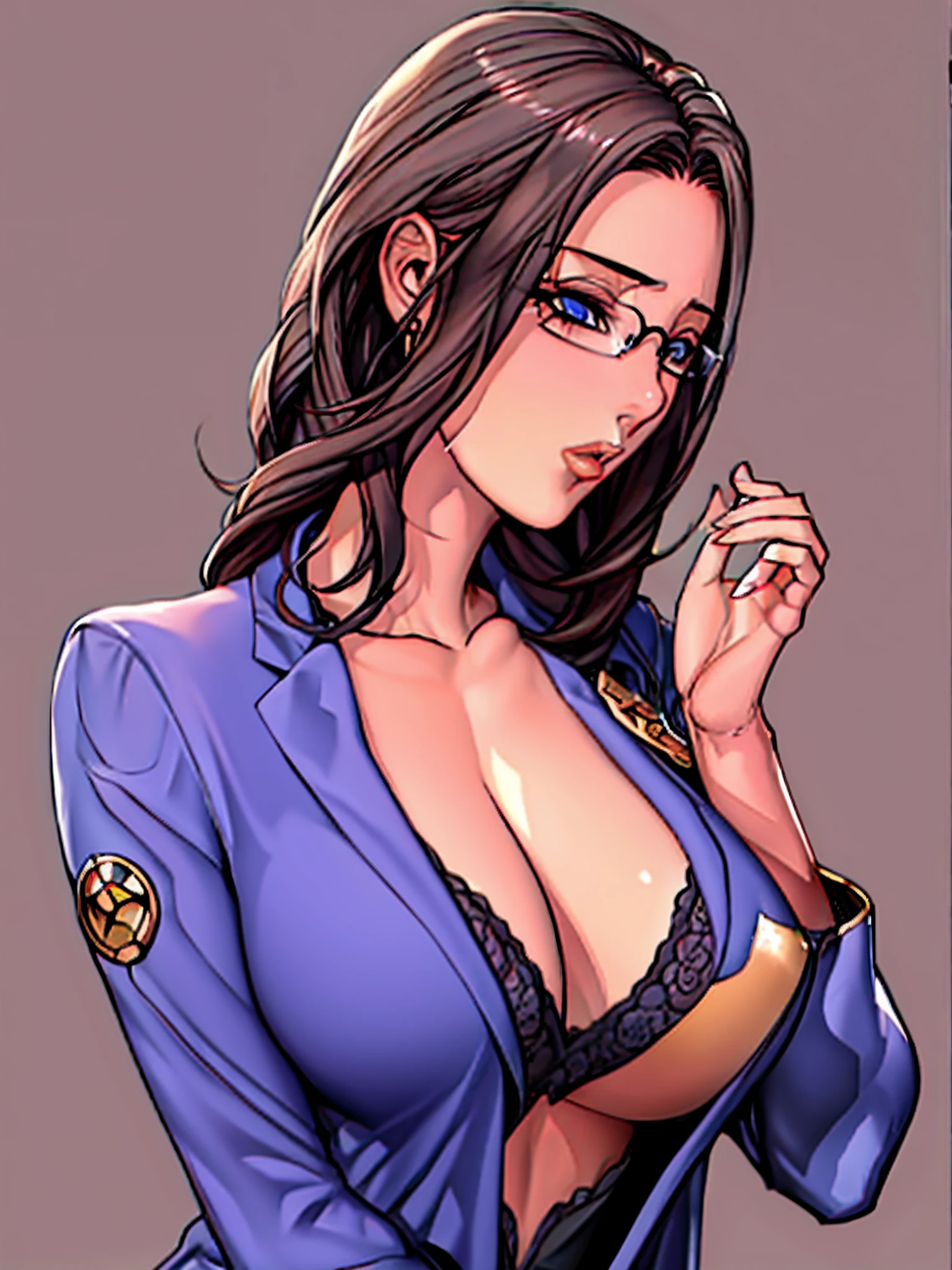1girl, black background, blue eyes, brown hair, , collarbone, eyewear removed, glasses, hair behind ear, holding, holding eyewear,huge breasts,acket, jewelry,mature female,shiny skin,oda non