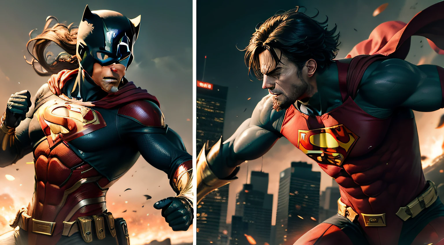 Generate a dramatic 4K 16:9 image of super heros in action side by side