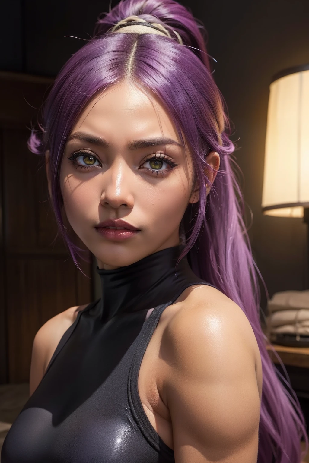 best quality, expressive eyes, perfect face, close up on face, yoruichi shihouin, dark skin, dark-skinned female, bare shoulders, ((black leotard)), black clothe, yellow eyes, purple hair, long hair, ponytail, post-apocalyptic, blue sky