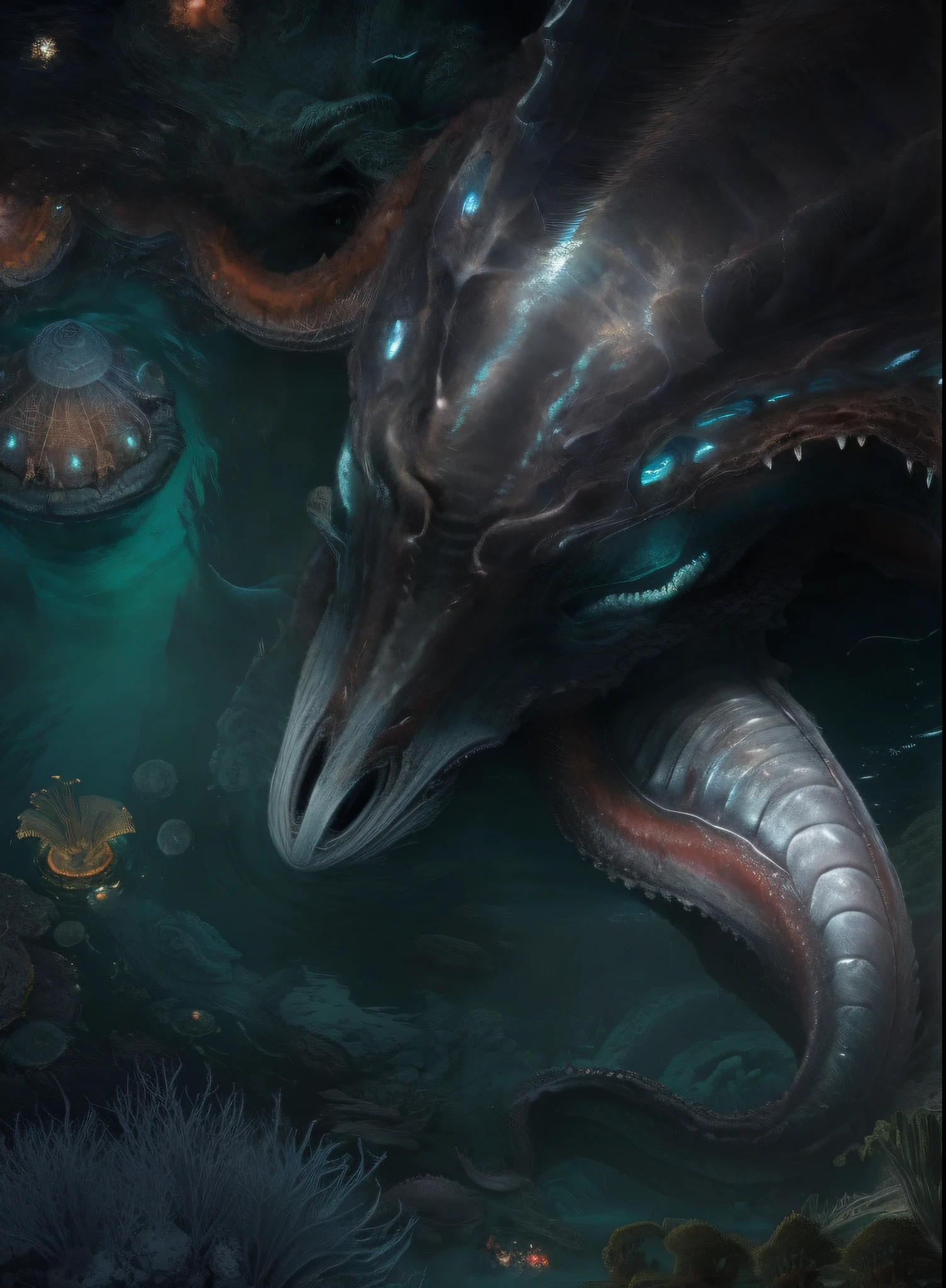 There is a huge creature in the water, detailed maw, the hydra from path of exile, underwater leviathan, lovecraftian sea creature, serpentine water monster, large mouth, detailed hot maw, zerg hydralisk, you looking into the maw, Alien octopus in a swamp, hd screenshot, detailed screenshot, maw art