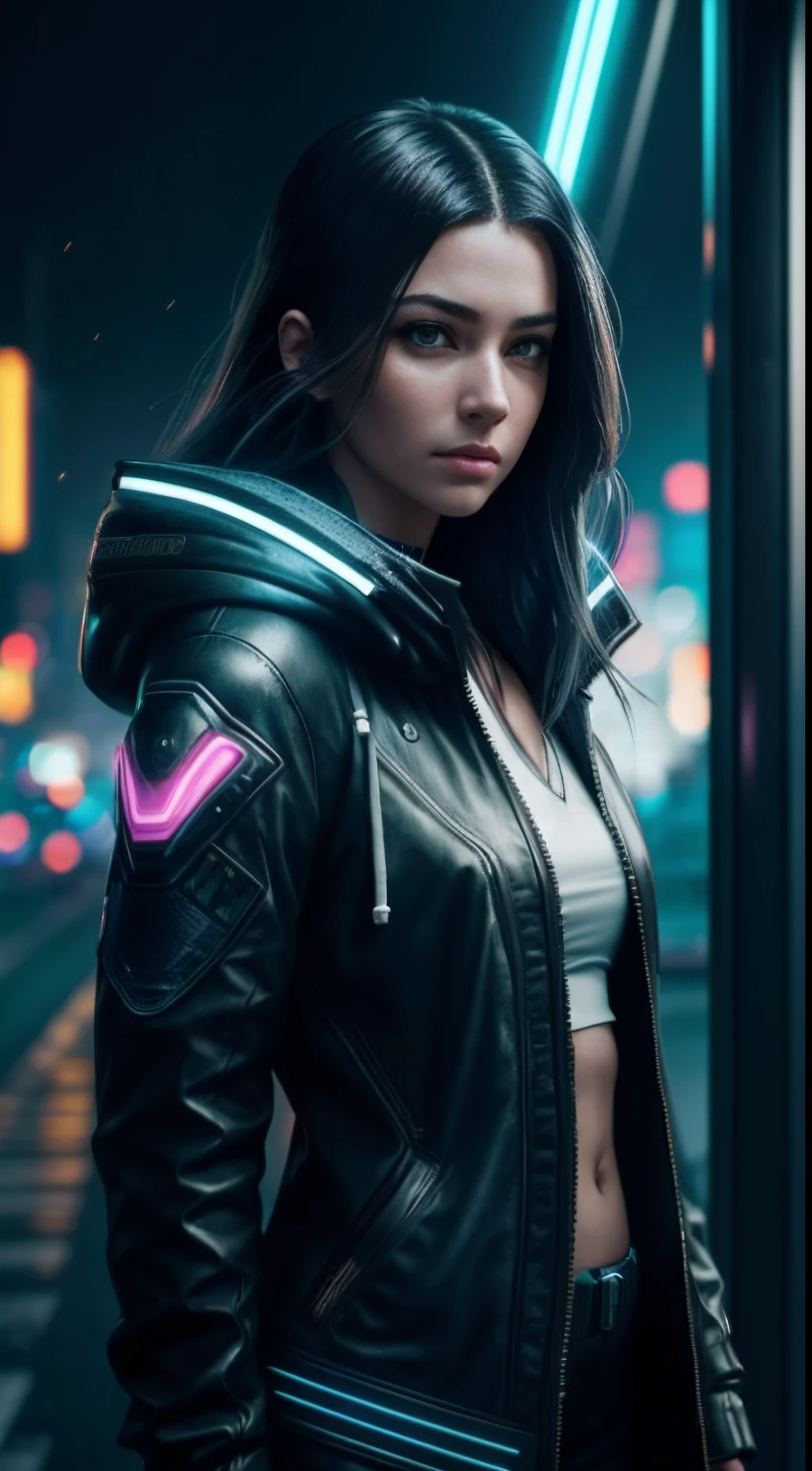cyberpunk portrait photography, beautiful young woman looking off camera in glowing futuristic hood jacket, super realistic face, eyes visible through hair, proper eye position, natural skin, soft light, rim light, hips, in road side, detailed background, intricate, full body shot, highly detail, octane render, HD, 8k, by Annie Leibovitz,120mm