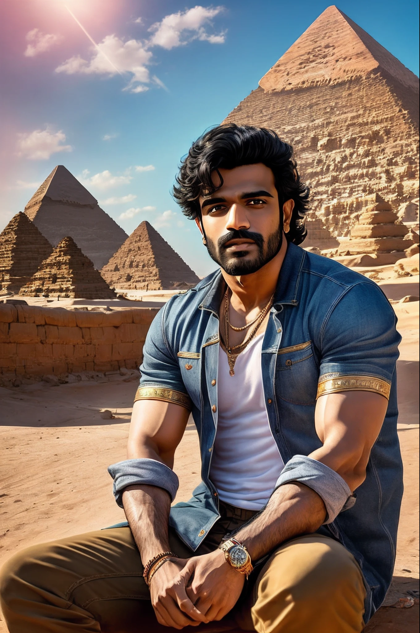 wide angle portrait of bollywood actor Ram Charan, wearing casual clothes, in Egypt, not wearing glasses, properly drawn hands and face, 4k, 8k, high resolution, full realistic photograph, real life character, pyramids in background, blur background --auto --s2