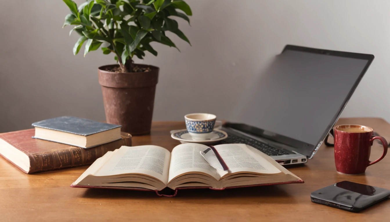 mesa com um computador com uma grande tela e uns livros do lado