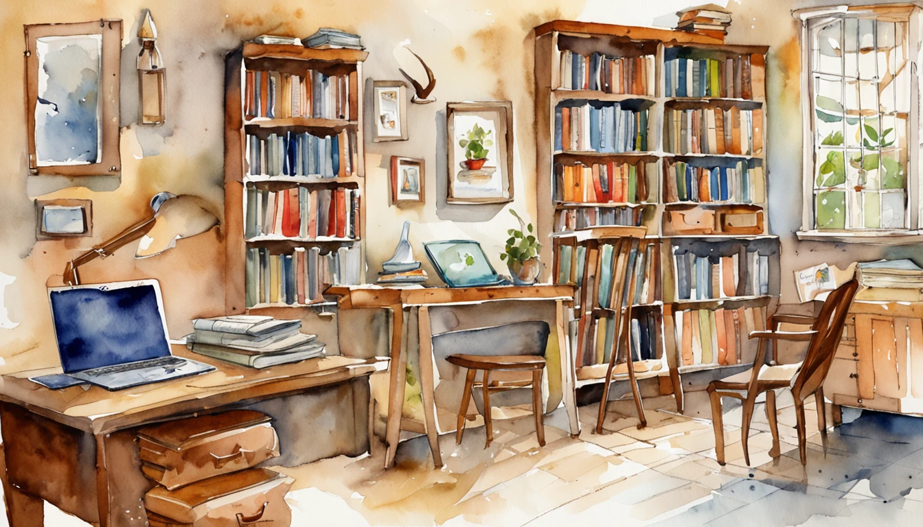 mesa com um computador com uma grande tela e uns livros do lado