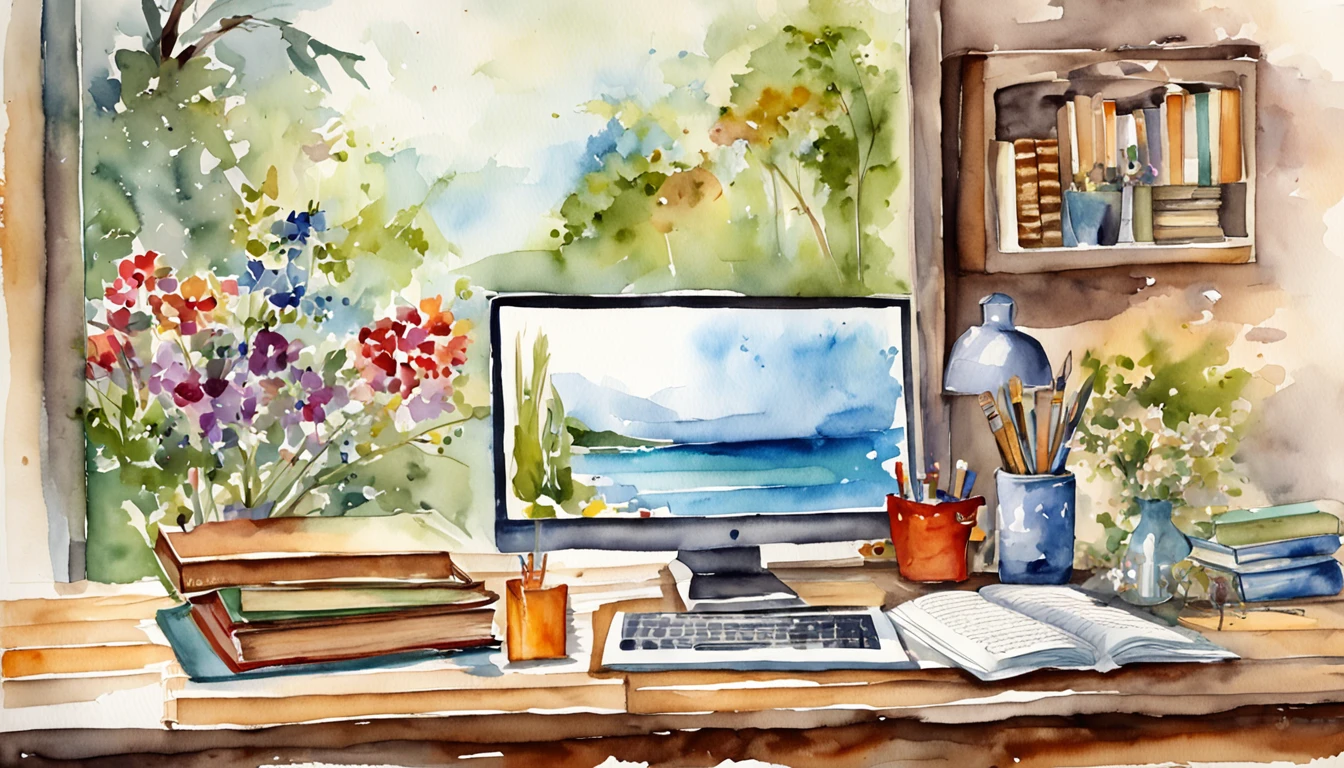 mesa com um computador com uma grande tela e uns livros do lado