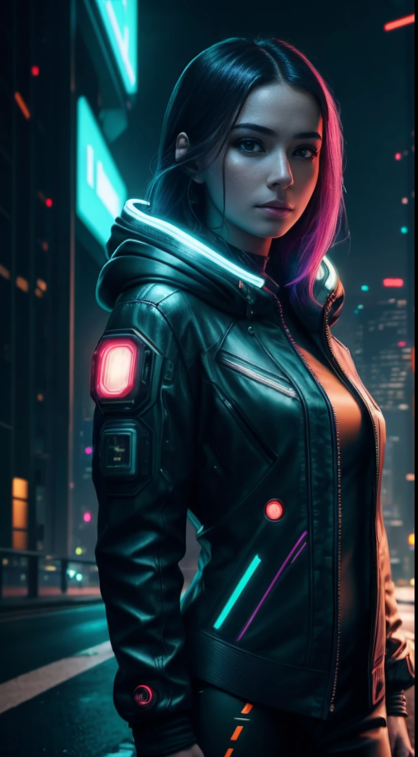 cyberpunk portrait photography, beautiful young woman looking off camera in glowing futuristic hood jacket, super realistic face, eyes visible through hair, proper eye position, natural skin, soft light, rim light, hips, in road side, detailed background, intricate, full body shot, highly detail, octane render, HD, 8k, by Annie Leibovitz,120mm