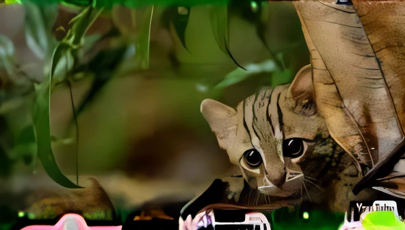 There is a cat hiding in the leaves, margay, Sand Cat, Big eyes!!!!!!!!, Very cute, Cat in the forest, conspicuous big eyes, Cutest, Very big eyes, ohwx, Very big eyes!, tabaxi male, tabaxi, curious expression, tarsier, r/ohwx, cute animal, with a large head and big eyes
