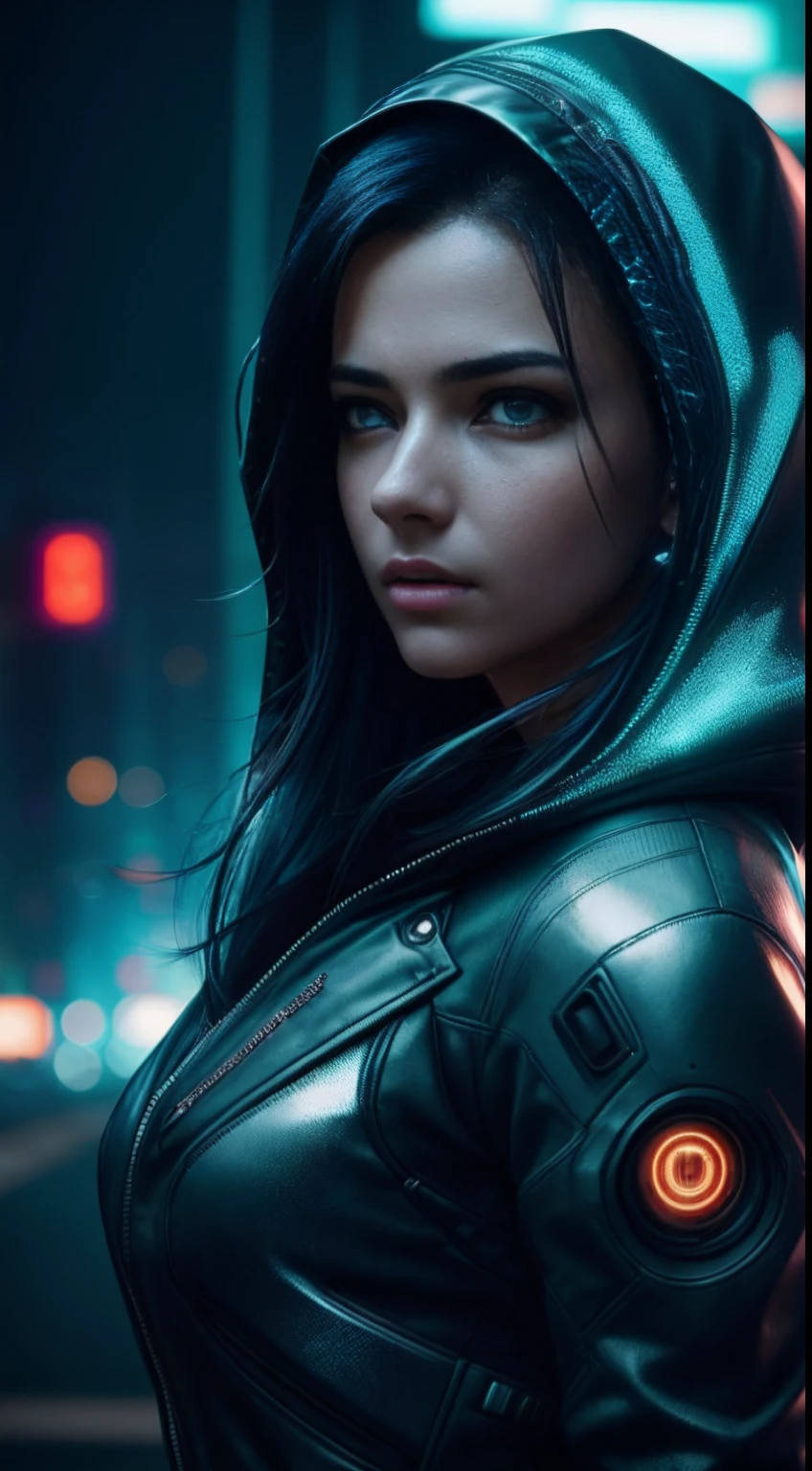 cyberpunk portrait photography, beautiful young woman looking off camera in glowing futuristic hood jacket, super realistic face, eyes visible through hair, proper eye position, natural skin, soft light, rim light, hips, in road side, detailed background, intricate, full body shot, highly detail, octane render, HD, 8k, by Annie Leibovitz,120mm