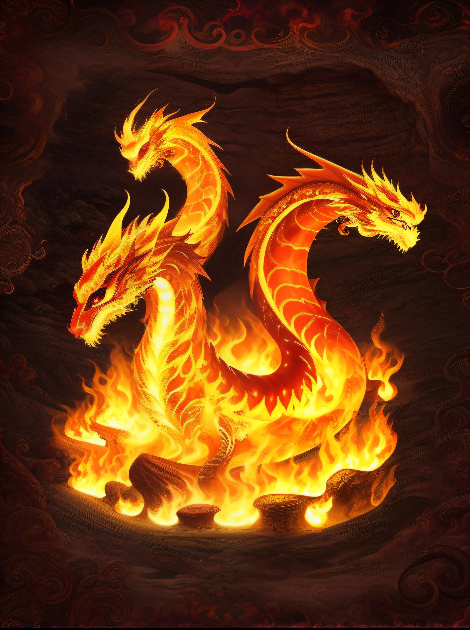 There is a fire dragon on fire underground, fire flaming dragon serpent, fire flaming serpent, Fire Dragon, fire demon, Hellfire background, fire powers fire swirling, molten, Dragons, highly detailed fire tendrils, theelementoffire, ''dragon breathing fire, detailed hot maw, firebreathing dragon, lava and fire goddess, lightning dragons attack