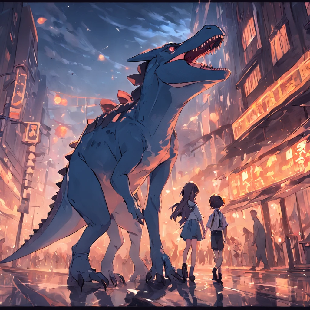 Dinosaurs carry wolves,独奏,nigth,On the street,running down the street,Tail flicking,Close-up of the tail sweeping over a car,thick tail,Face away from the camera,No Man,streets background,废墟