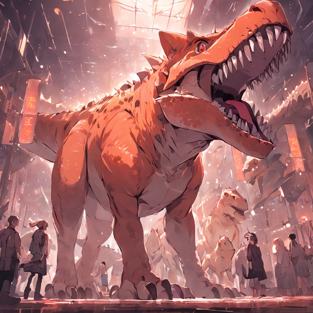 Dinosaurs carry wolves,the city street,nigth,